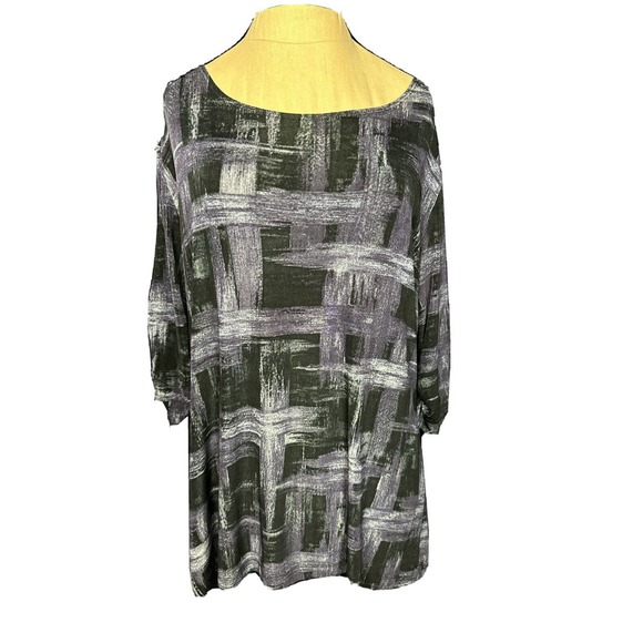 Chicos Travelers Top Shirt Slinky 3/4 Sleeve Round Black Geometric Print Size 3 - Picture 1 of 5